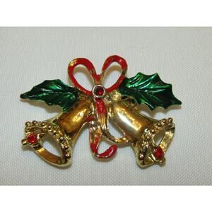 Gold Tone Holly Bell Leaf Bow VTG Brooch Pin Boho Y2K Lapel Holiday Timeless
